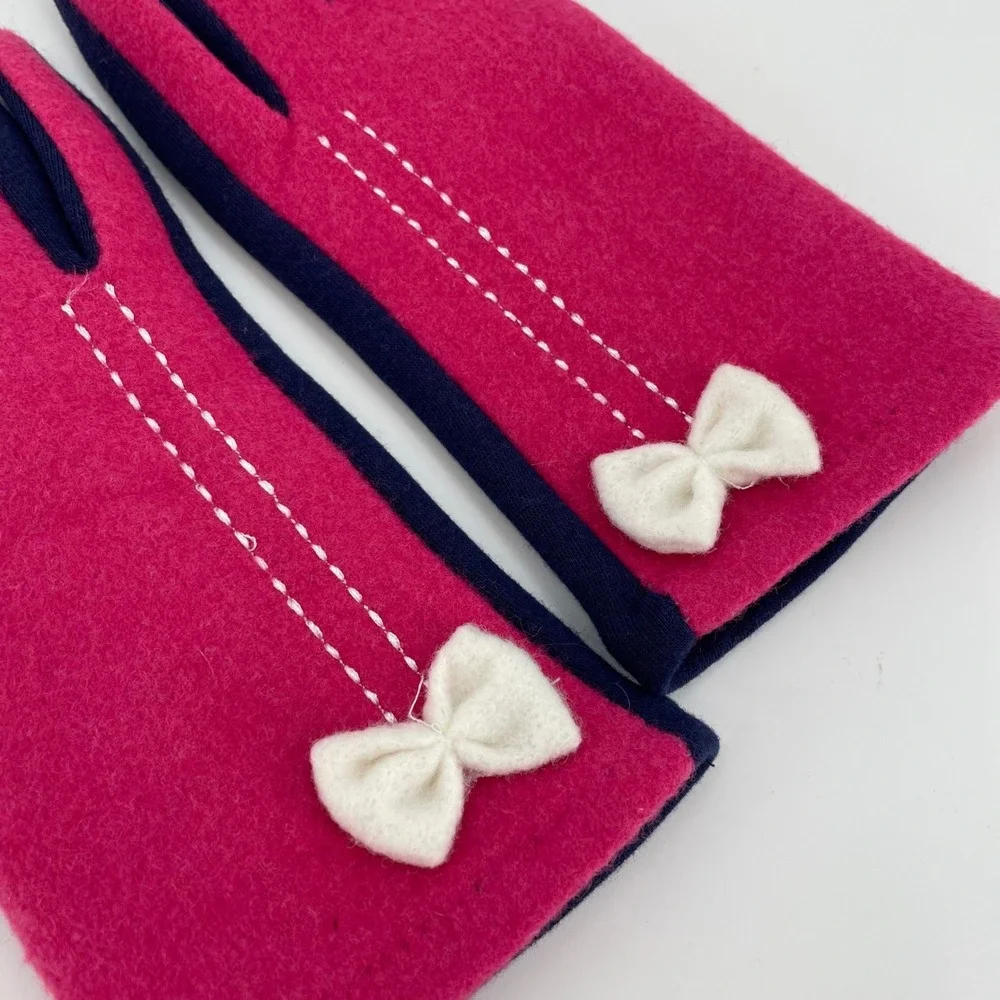 Womens Pink Navy Colorblock Fleece Touchscreen Gloves Bow Winter Small Medium